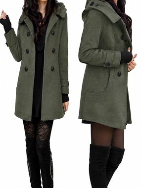 Olive Green Hooded  Wool-Blend A-Line Pea Coat NWT XXL
